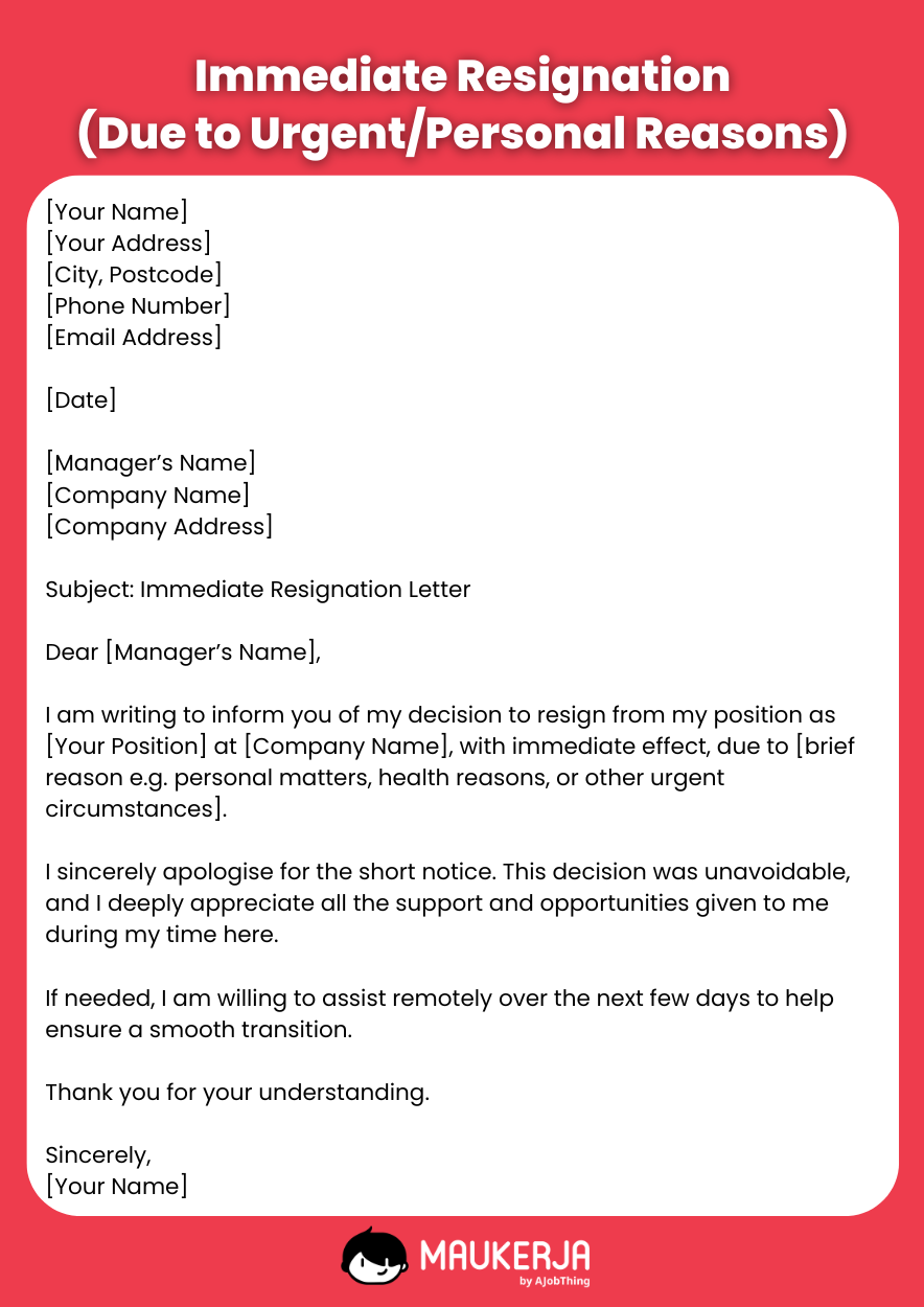 Immediate Resignation Due to Urgent or Personal Reasons